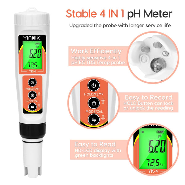 YINMIK pH Meter, Digital 4 in 1 PH EC TDS Temp Meter for Water Hydroponics