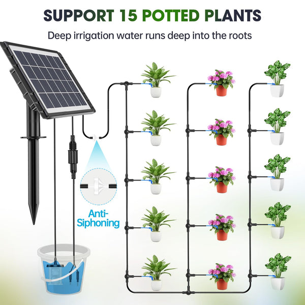 Solar Drip Irrigation System - 15 Potted Indoor Outdoor Garden Balcony Anti-Siphoning Plant Watering System 25 Timing Mode 1500mAh Battery 49FT