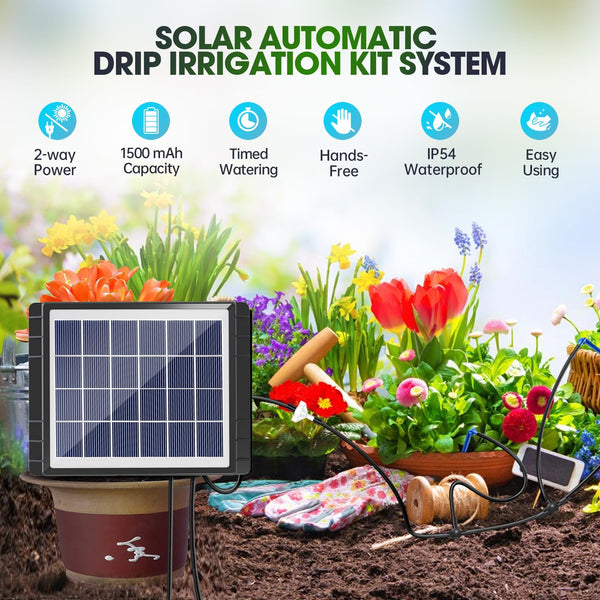 Solar Drip Irrigation System - 15 Potted Indoor Outdoor Garden Balcony Anti-Siphoning Plant Watering System 25 Timing Mode 1500mAh Battery 49FT