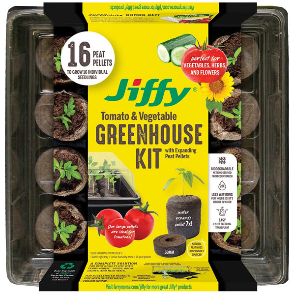 Jiffy® Seed Starting Tomato & Vegetable Greenhouse with SUPERthrive Plant Markers - 50mm - 16 Pellets