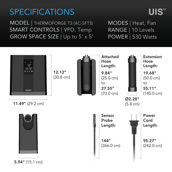 THERMOFORGE T3, Environmental Plant Heater, Smart VPD Controls, True 10 Heat Levels, Tubing Extends into Grow Tent